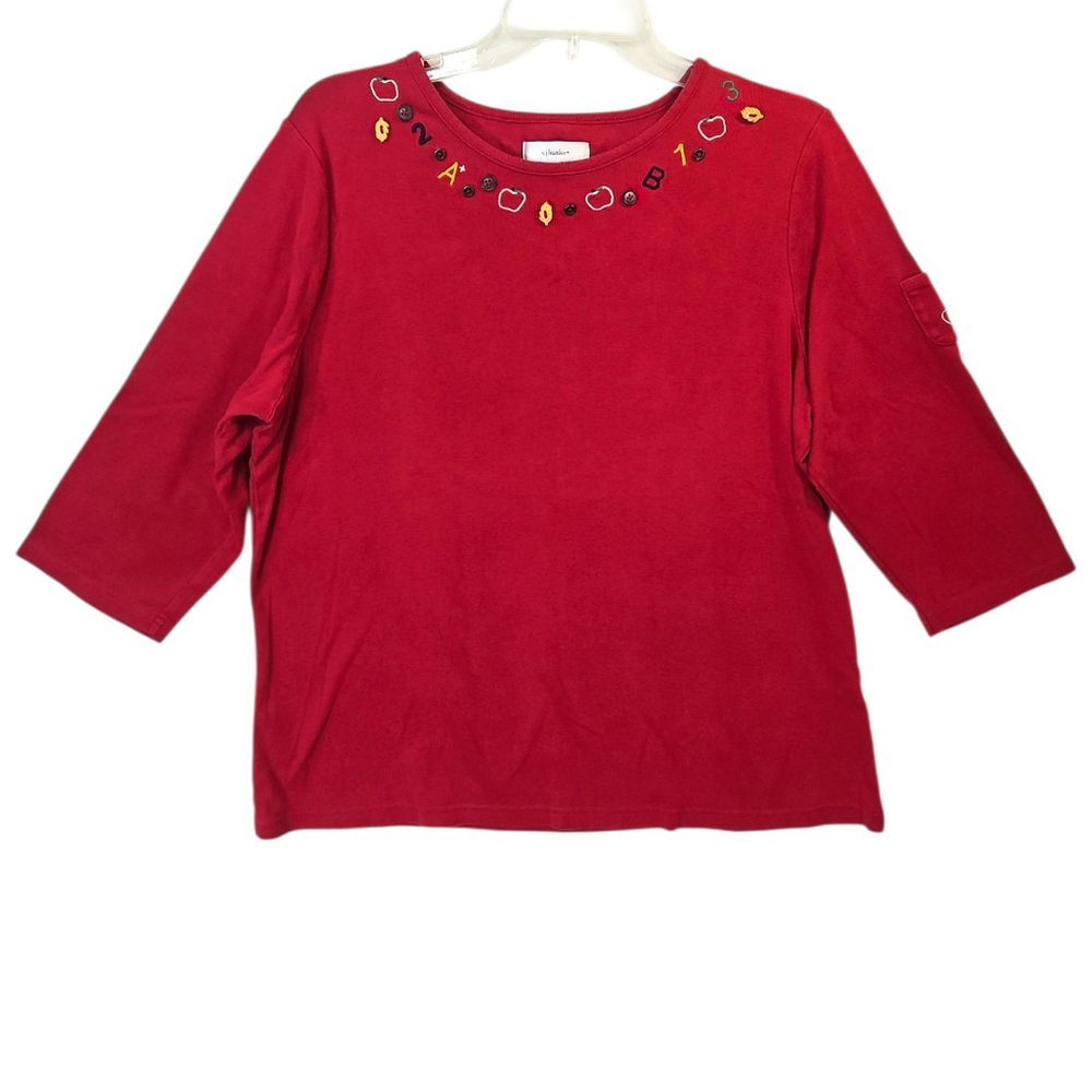 CJ Banks 3/4 Sleeve Teacher Theme Embroidered Knit Top Size 1X
